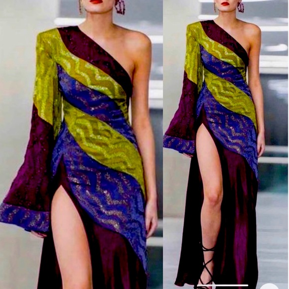 RAISA VANESSA Wave Color-block One- Shoulder Satin Gown 💜♥️💚 - Picture 3 of 9